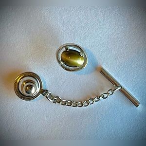 Vintage midcentury heirloom tie tack, silver tone with genuine tiger eye